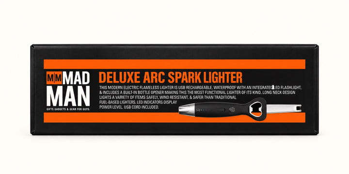 Mad Man Deluxe Arc Spark Lighter black and orange retail packaging featuring the rechargeable electric lighter product name and branding.