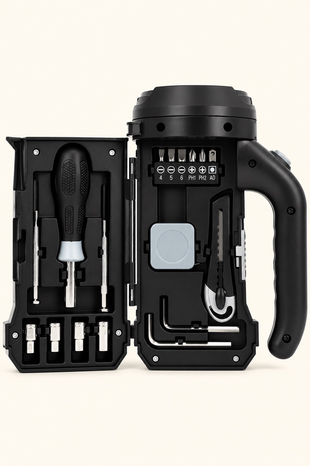 Mad Man 17 Function Flashlight and Tool Kit opened to display screwdriver bits, sockets, Allen keys, tape measure, utility knife, and organized repair tools.