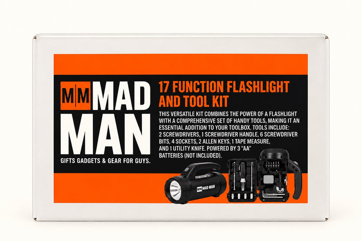 Mad Man 17 Function Flashlight and Tool Kit retail packaging featuring a portable black LED flashlight with 17 repair functions and built-in tool storage.