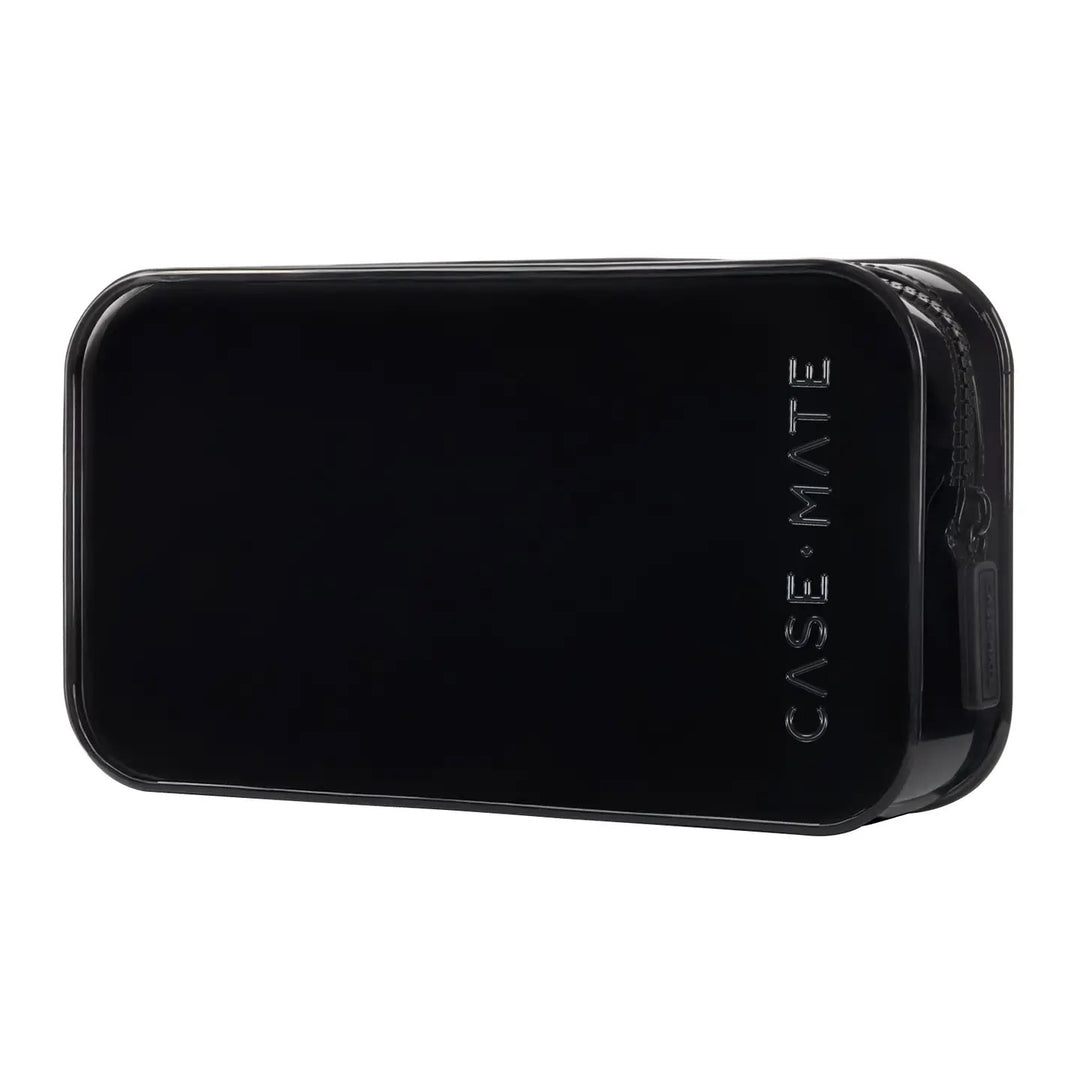 Case-Mate Jelly Makeup Bag in Midnight Black featuring a glossy black waterproof rectangular cosmetic pouch with secure zipper closure and embossed Case-Mate logo, photographed on a white studio background.