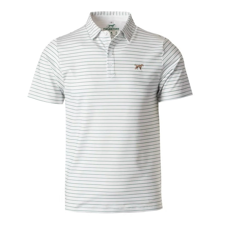 Fieldstone youth white and green striped performance polo shirt with embroidered dog logo, moisture-wicking golf polo, classic Southern sporting apparel, lightweight collared shirt