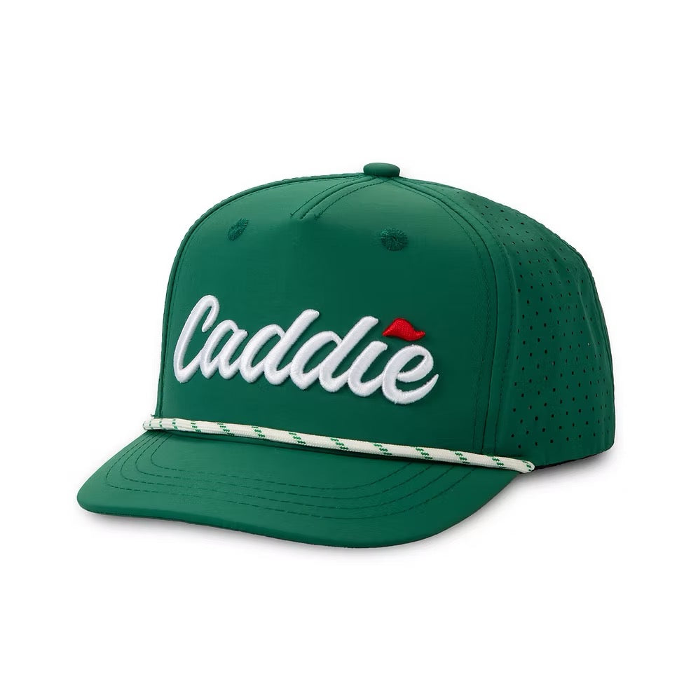 Dark Green Caddie Performance Golf Hat with white embroidered logo, perforated side panels, rope detail snapback cap, classic golf and outdoor headwear