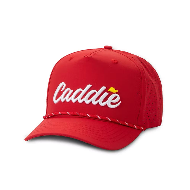 Red Caddie Performance Golf Hat with white embroidered logo, perforated side panels, rope detail snapback cap, bold golf lifestyle accessory
