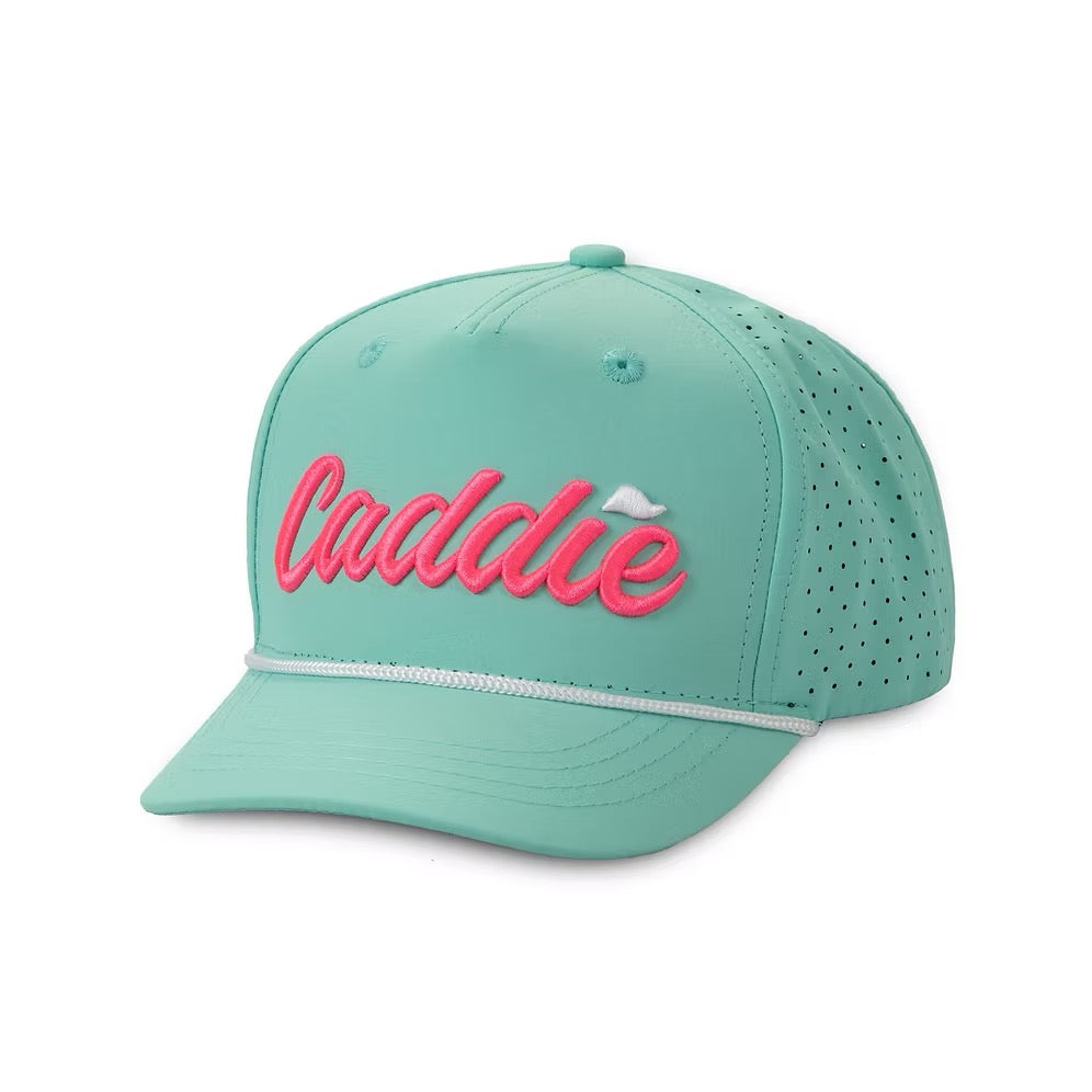 Mint Green Caddie Performance Golf Hat with pink embroidered logo, perforated side panels, rope detail snapback cap, stylish golf and outdoor lifestyle hat