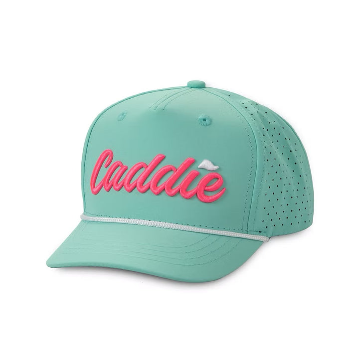 Mint Green Caddie Performance Golf Hat with pink embroidered logo, perforated side panels, rope detail snapback cap, stylish golf and outdoor lifestyle hat