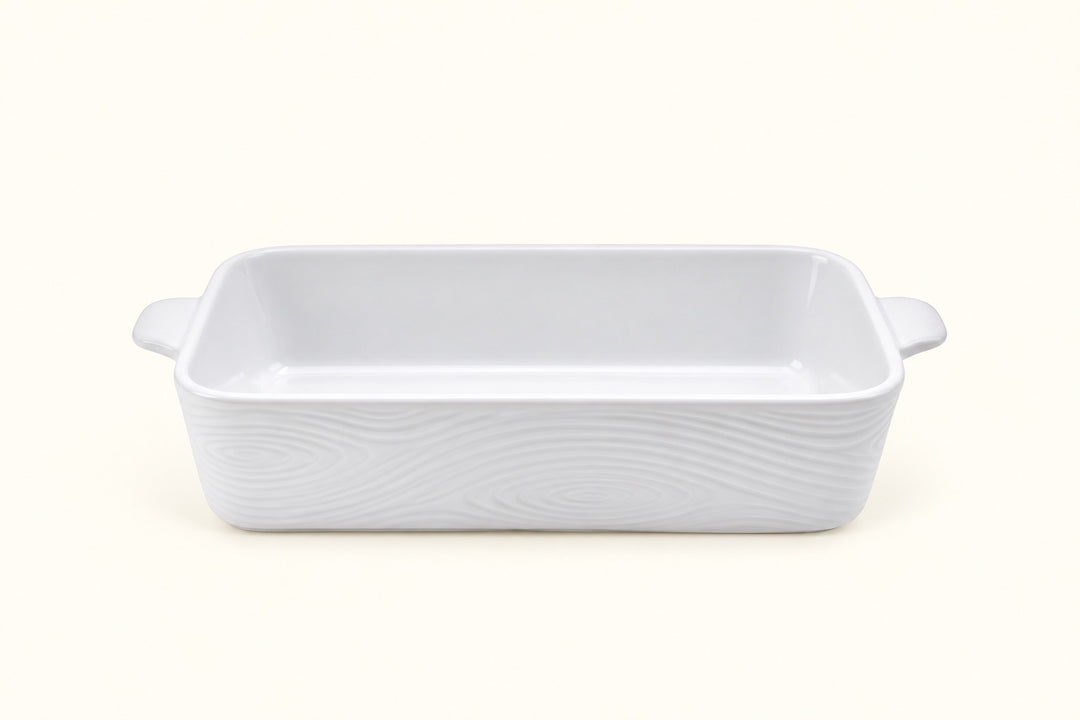 Temp-tations white Woodland 11x7 stoneware baker featuring embossed woodgrain texture, glossy glaze, rectangular shape, deep sides, and built-in handles