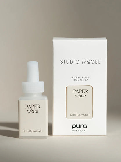 Studio McGee Paper White Pura smart home fragrance refill and packaging