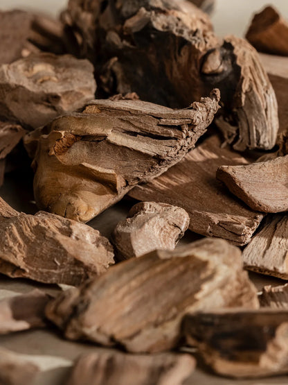 Close-up of dried brown roots or herbs on a wooden surface