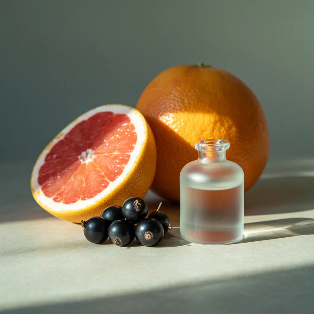 Clear glass bottle with a liquid next to a halved grapefruit, orange, and blackberries on a light surface.