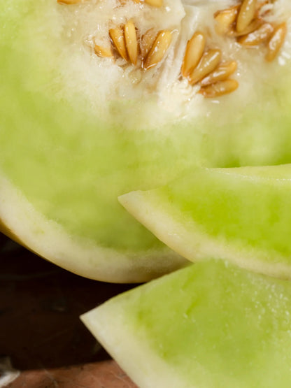 Close-up of a sliced honeydew melon with seeds.