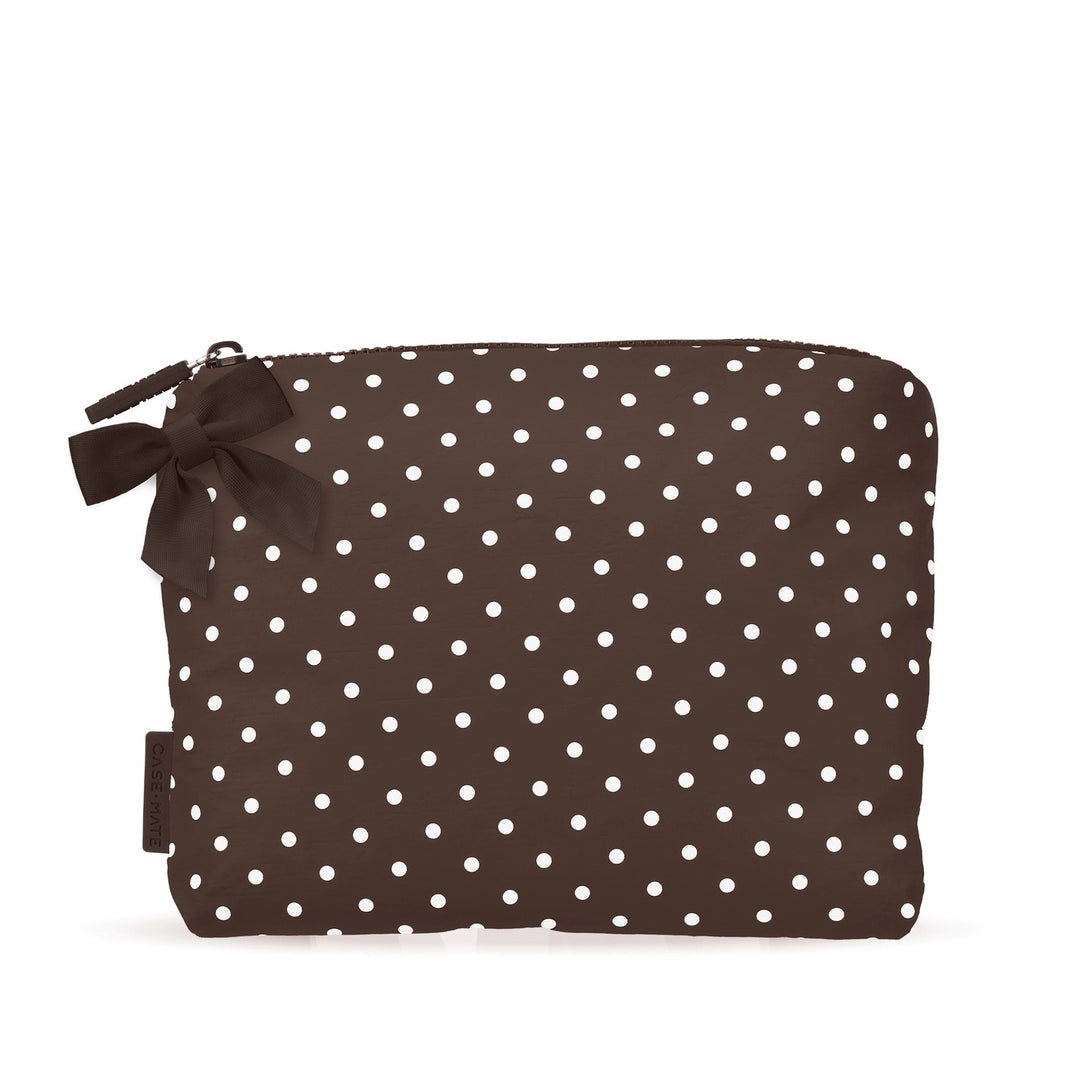 Case-Mate brown and white polka dot crinkle makeup bag featuring a zip-top closure, decorative brown bow, and lightweight water-resistant design