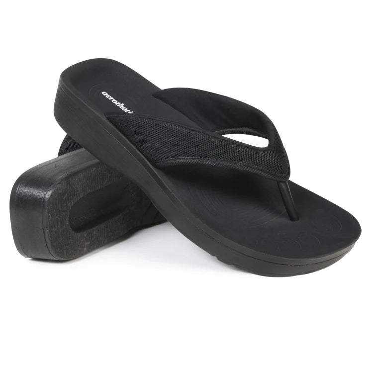 Aerothotic Strait black orthopedic flip-flops featuring a water-resistant design and cushioned arch support.