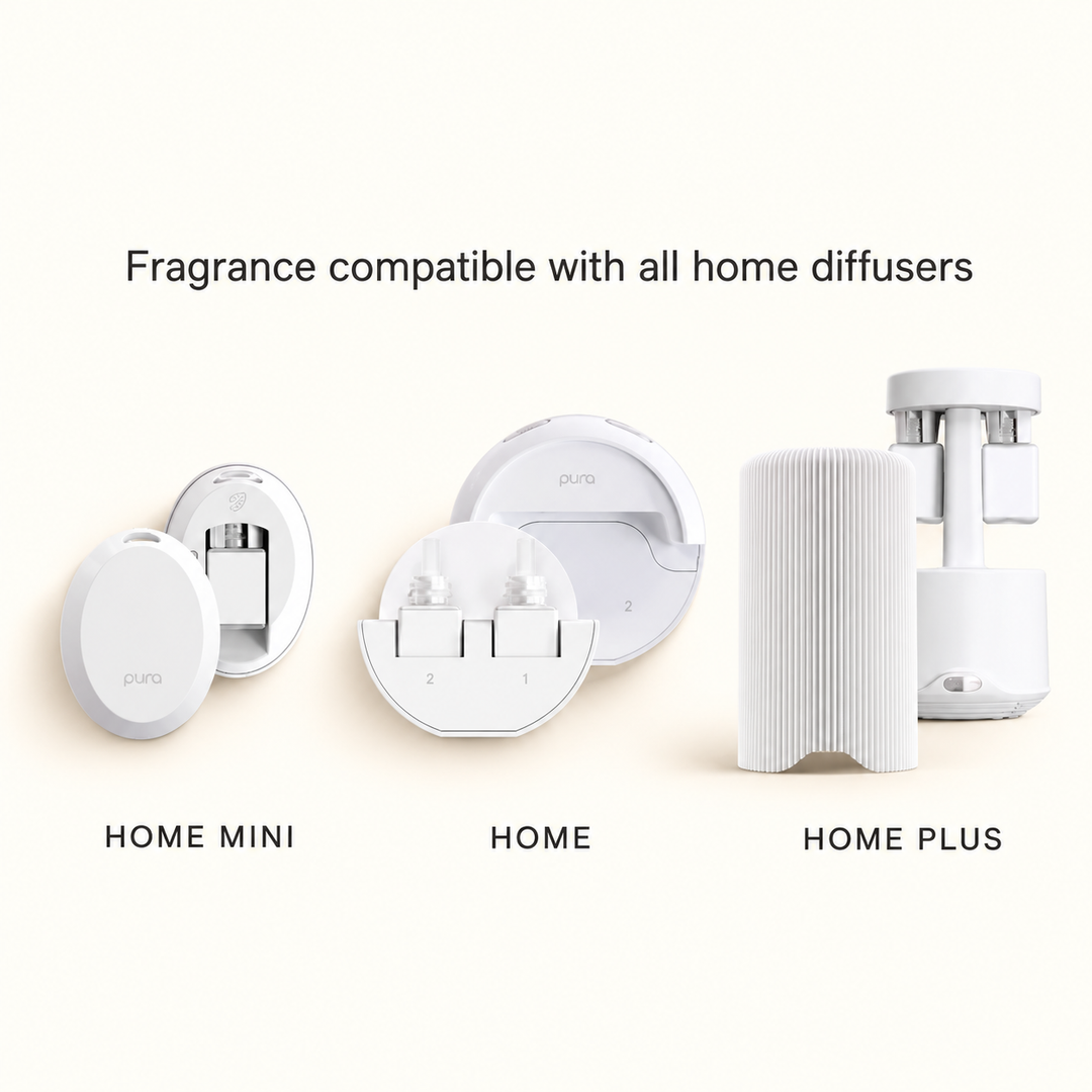 Pura Home Mini, Pura Home, and Pura Home Plus fragrance diffuser devices displayed on a cream background, illustrating compatible home diffusers for Pura fragrance refills.