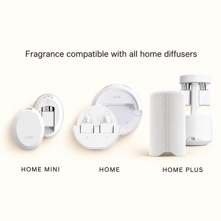 Pura Home Mini, Home, and Home Plus fragrance diffuser devices displayed on a cream background, showing compatible options for Illume Winter White scent refills.
