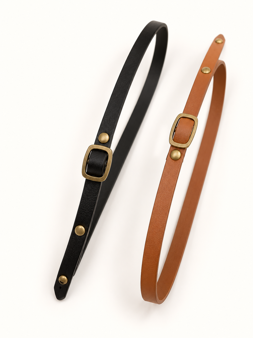 Interchangeable black and tan brown hat bands for the Wool Wide Brim Felt Western Hat, featuring slim straps with antique gold buckles and stud details on a cream background.