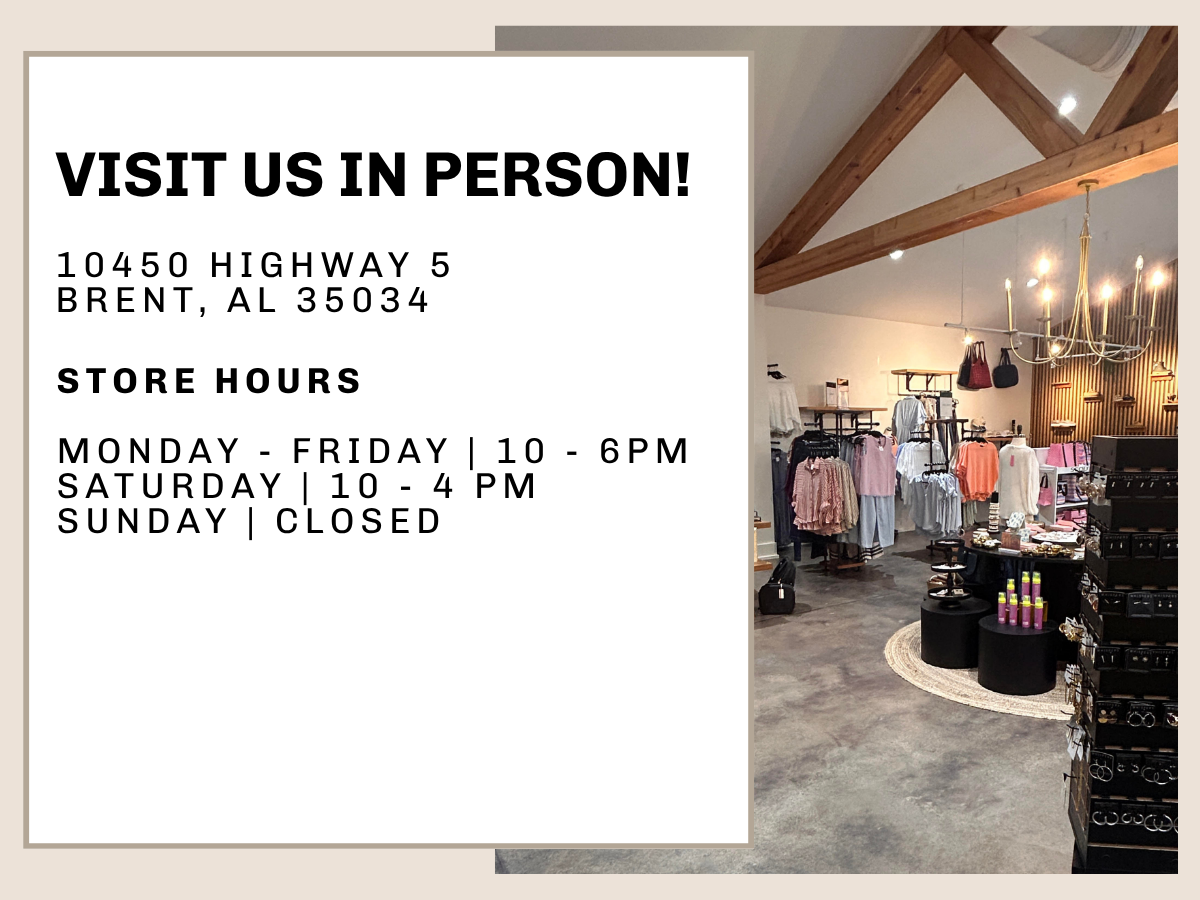 Interior of a clothing store with racks of clothes and a sign inviting customers to visit in person | Square 1 Boutique | Brent, AL
