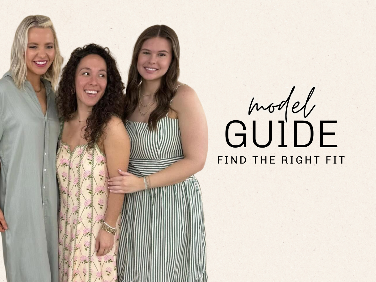 Three women standing together against a light beige background with the text 'model GUIDE FIND THE RIGHT FIT' on the right side | Square 1 Boutique