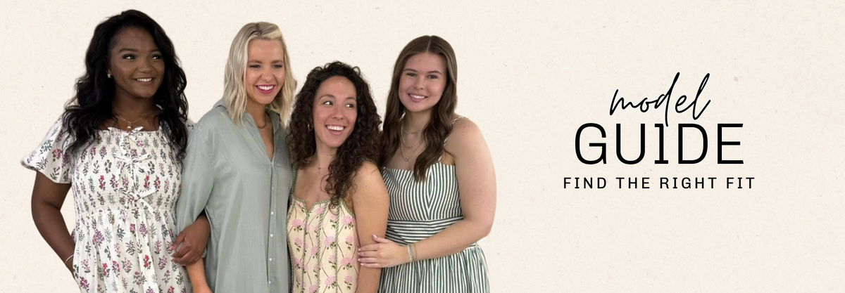 Four women standing together against a light beige background with the text 'model GUIDE FIND THE RIGHT FIT' on the right side | Square 1 Boutique