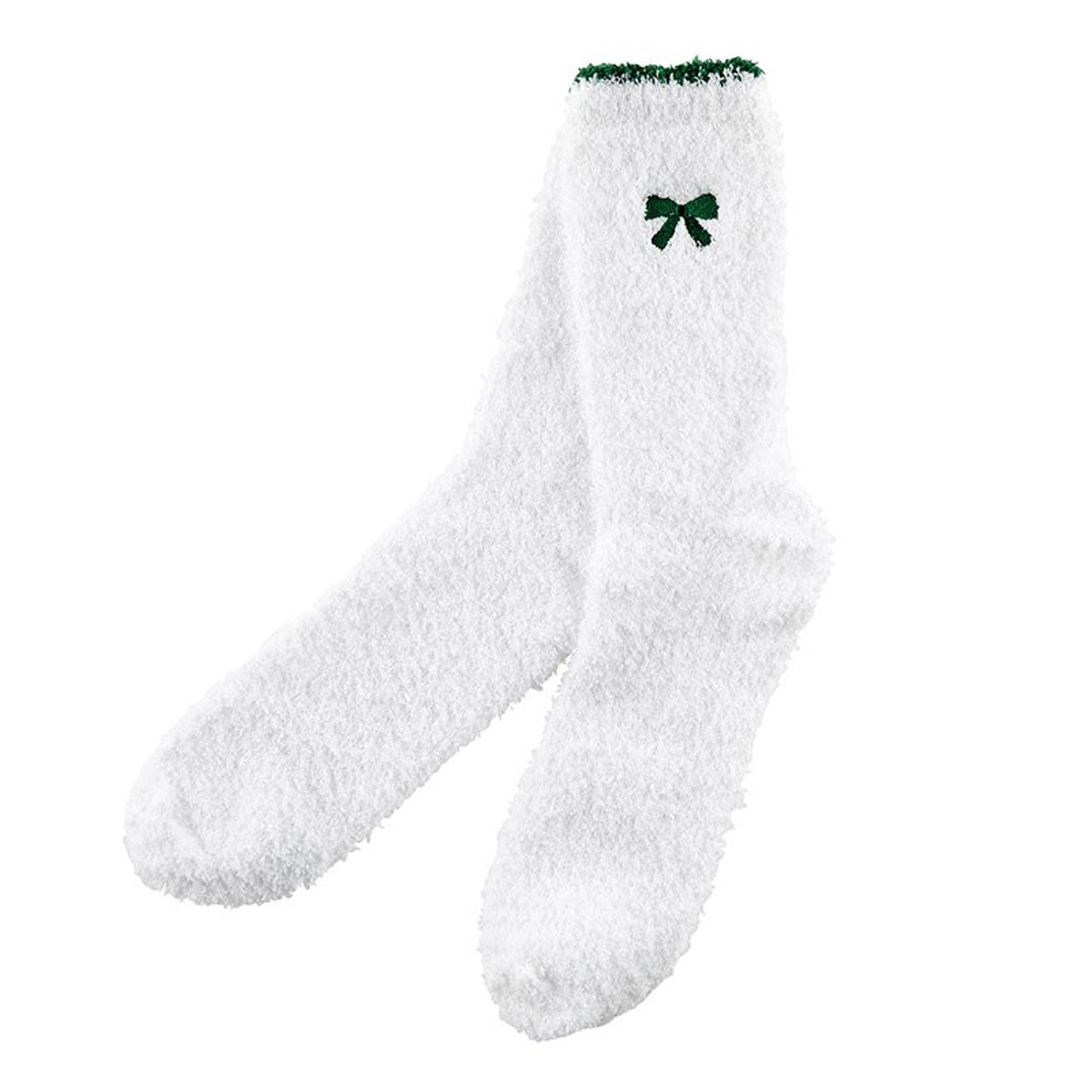White socks with green trim and a bow on a white background