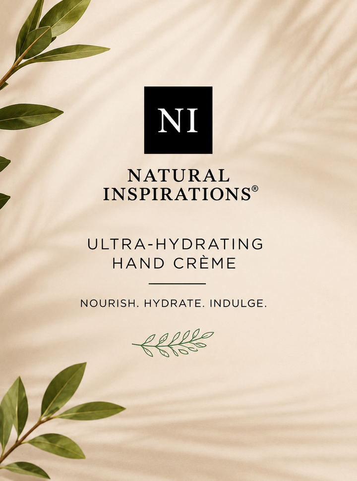 Natural Inspirations Ultra-Hydrating Hand Crème branding graphic featuring the NI logo centered on a warm cream background with soft botanical greenery and subtle leaf shadows. The minimalist spa-inspired design includes the text "Ultra-Hydrating Hand Crème" and the tagline "Nourish. Hydrate. Indulge." for a clean, premium skincare aesthetic.