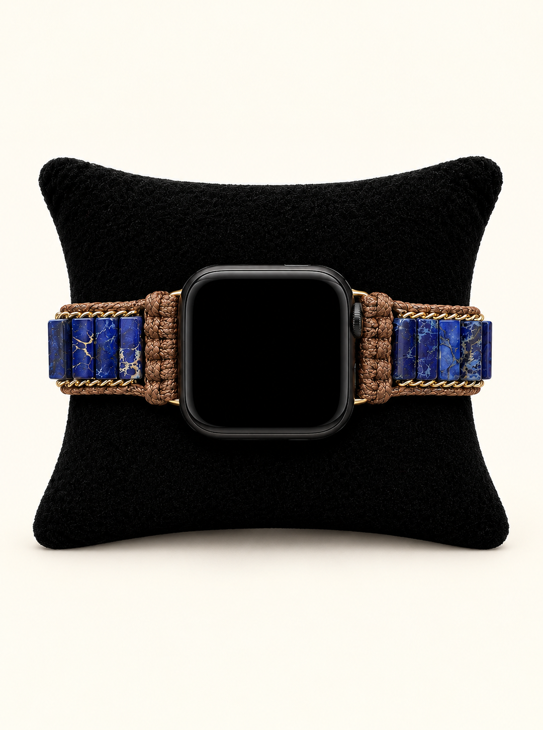 Front view of the Cape Diablo Cobalt Blue Healing Stone Apple Watch Band with blue stone beads and woven details displayed on a black velvet pillow.