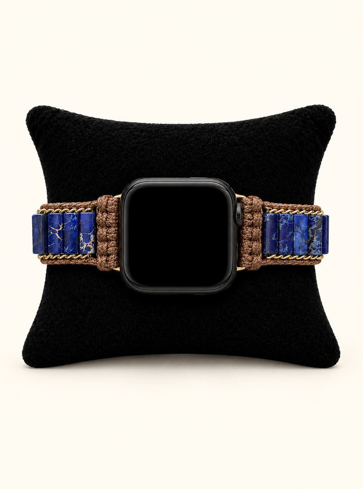 Front view of the Cape Diablo Cobalt Blue Healing Stone Apple Watch Band with blue stone beads and woven details displayed on a black velvet pillow.