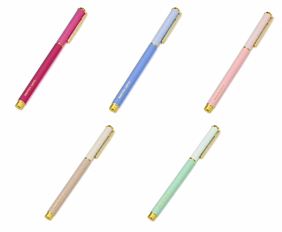 Snap Cap Colorblock Pens by Mary Square displayed in assorted colors including blue, green, teal, pink, coral, and beige with gold accents.