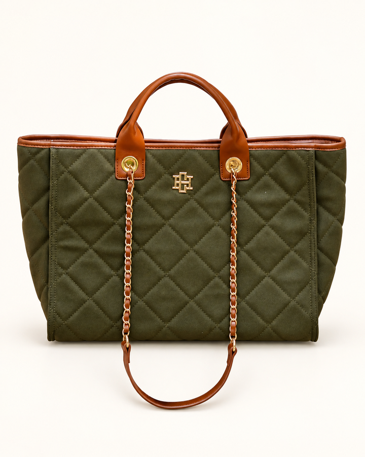 Front view of the Caroline Hill Missy Tote in olive quilted suede-feel material with brown handles, gold hardware, and a centered logo.