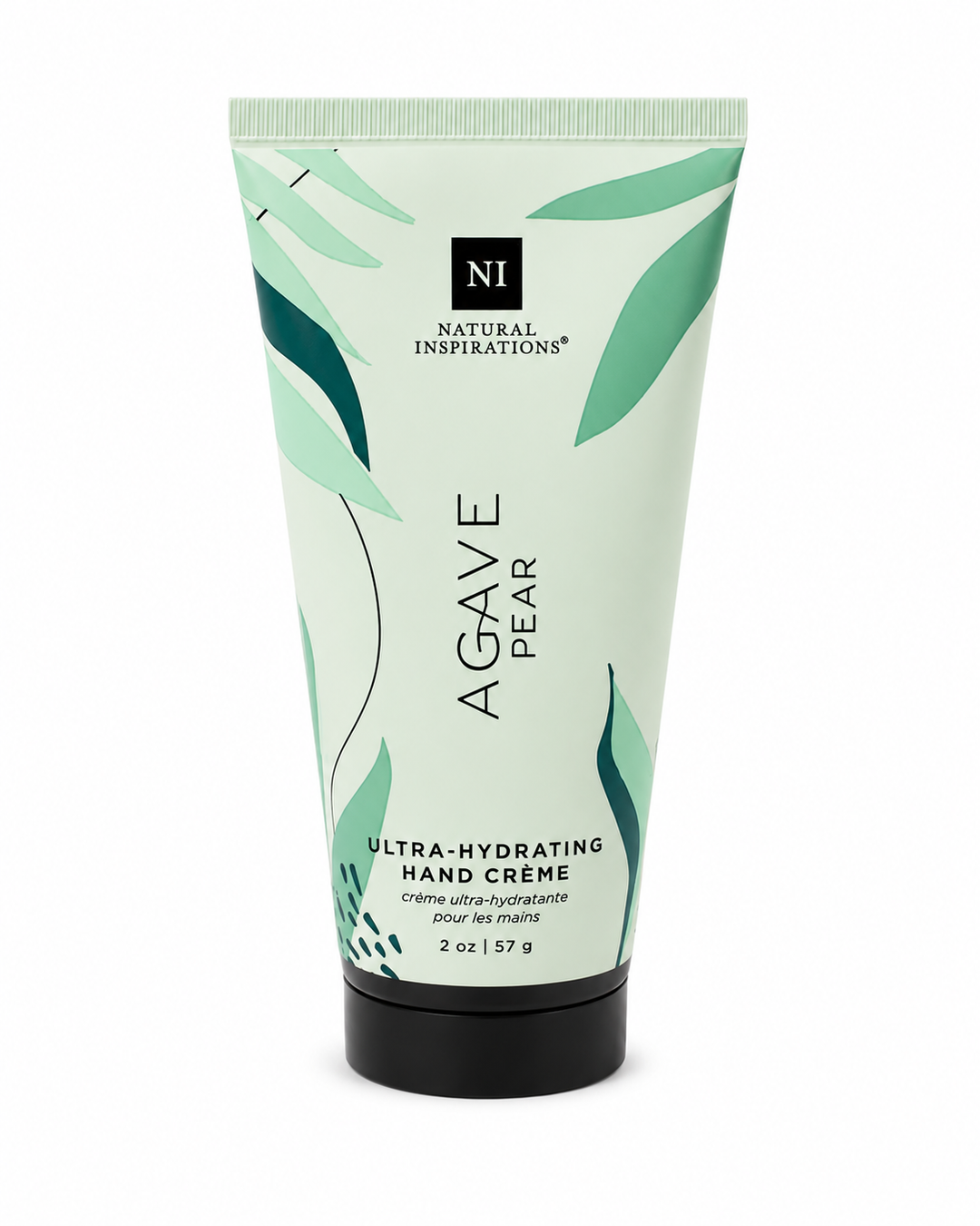 Natural Inspirations Agave Pear Ultra-Hydrating Hand Crème (2 oz / 57 g) in a pale mint green squeeze tube with teal leaf accents and a black flip-top cap, photographed on a white studio background.