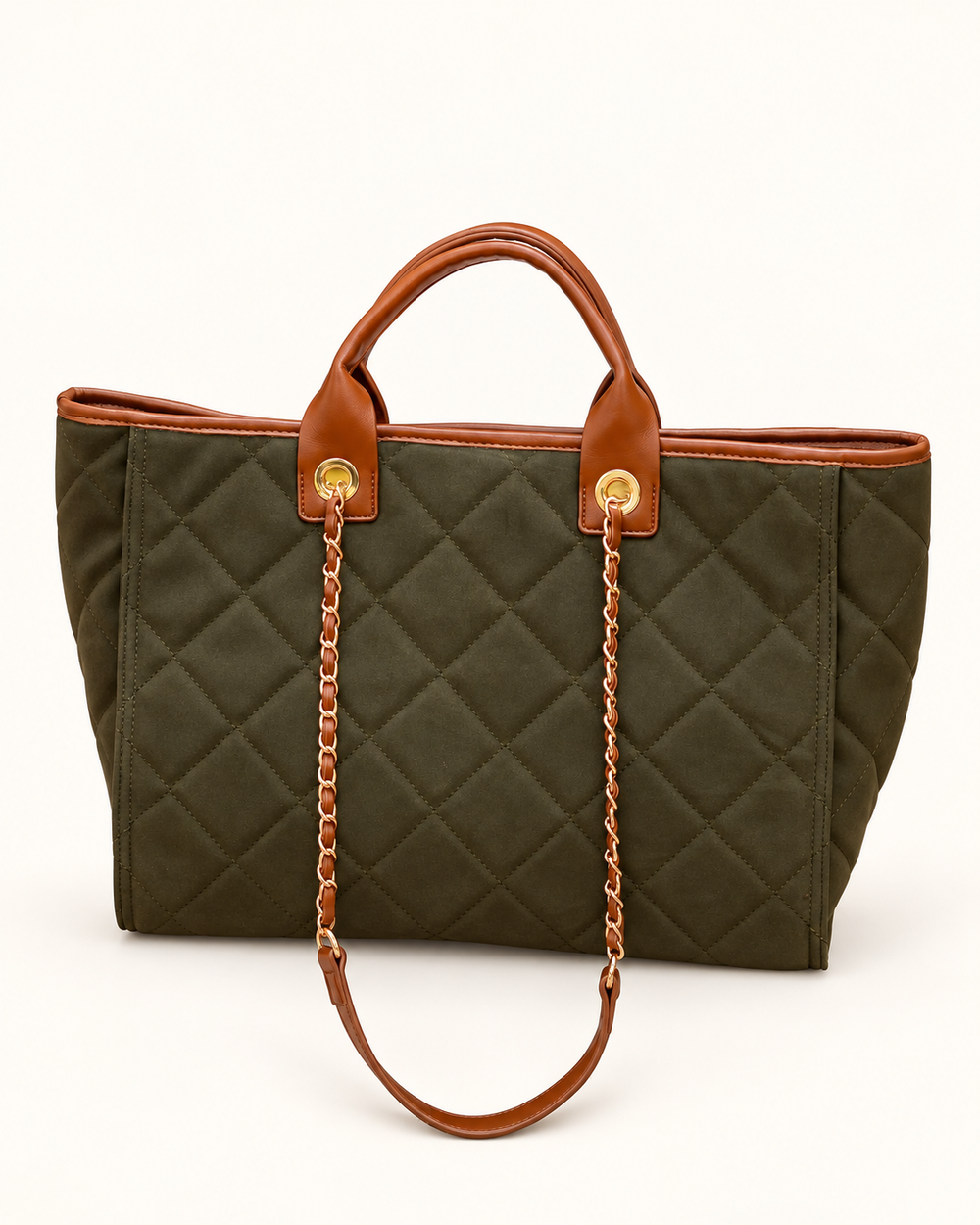 Back view of the olive Caroline Hill Missy Tote featuring quilted suede-feel material, brown top handles, and long interwoven shoulder straps.