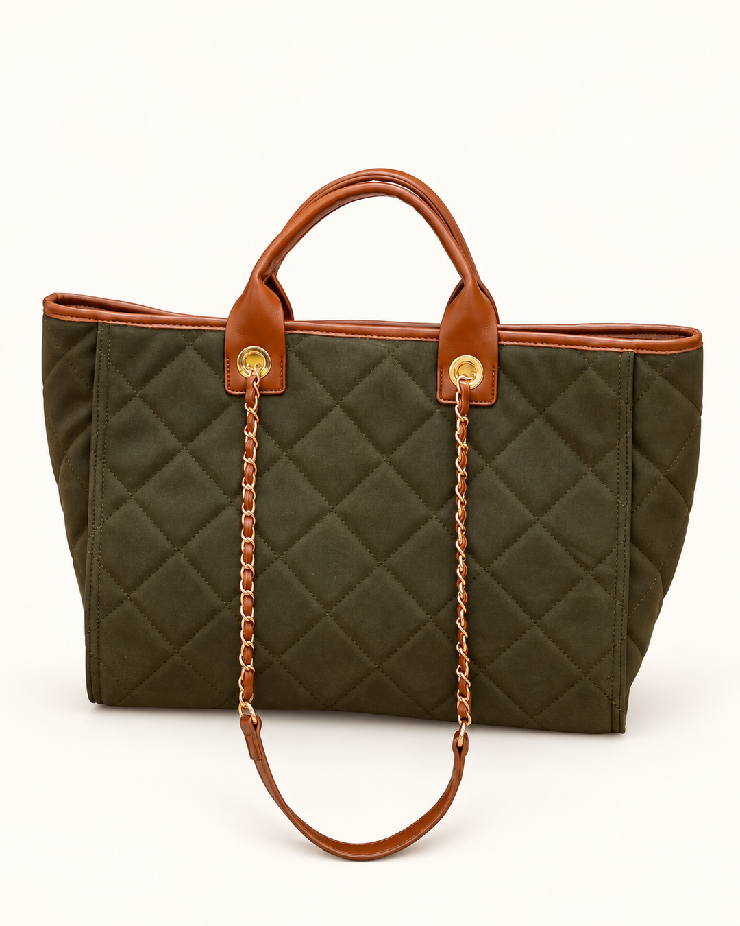 Back view of the olive Caroline Hill Missy Tote featuring quilted suede-feel material, brown top handles, and long interwoven shoulder straps.
