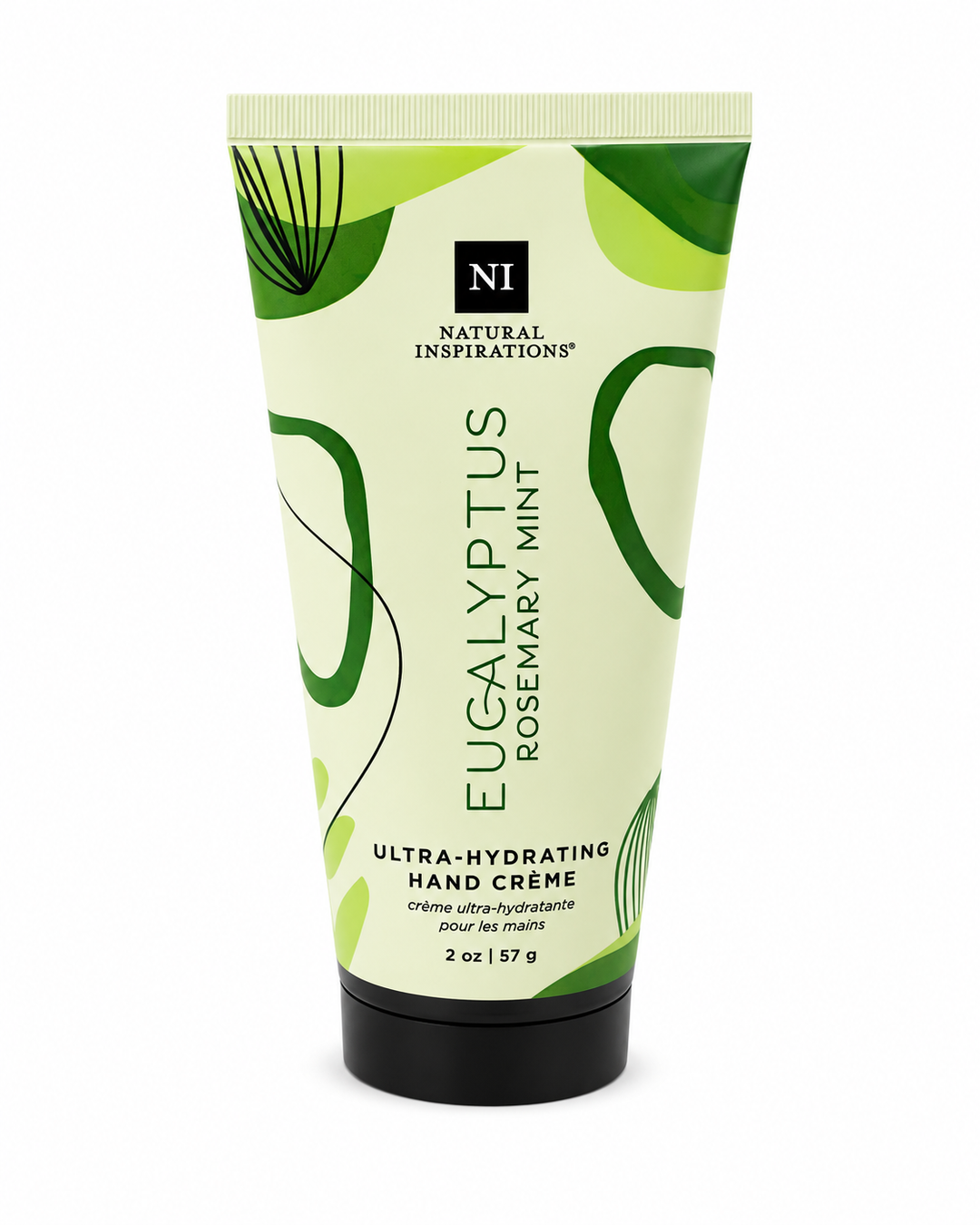 Natural Inspirations Eucalyptus Rosemary Mint Ultra-Hydrating Hand Crème (2 oz / 57 g) in a light green squeeze tube with dark green botanical accents and a black flip-top cap, isolated on a white studio background.