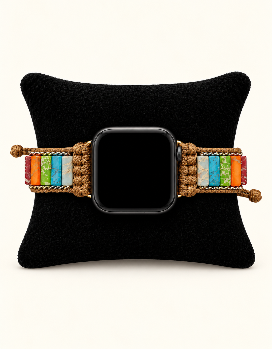 A woven bracelet watch band with colorful rectangular inlay panels and knotted brown cord, displayed on a black cushion against a light cream background.
