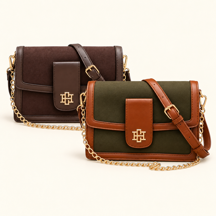 Two crossbody handbags with a suede and canvas body, brown leather trim, gold-tone chain strap, and a gold monogram logo on the front flap, displayed on a light cream background.