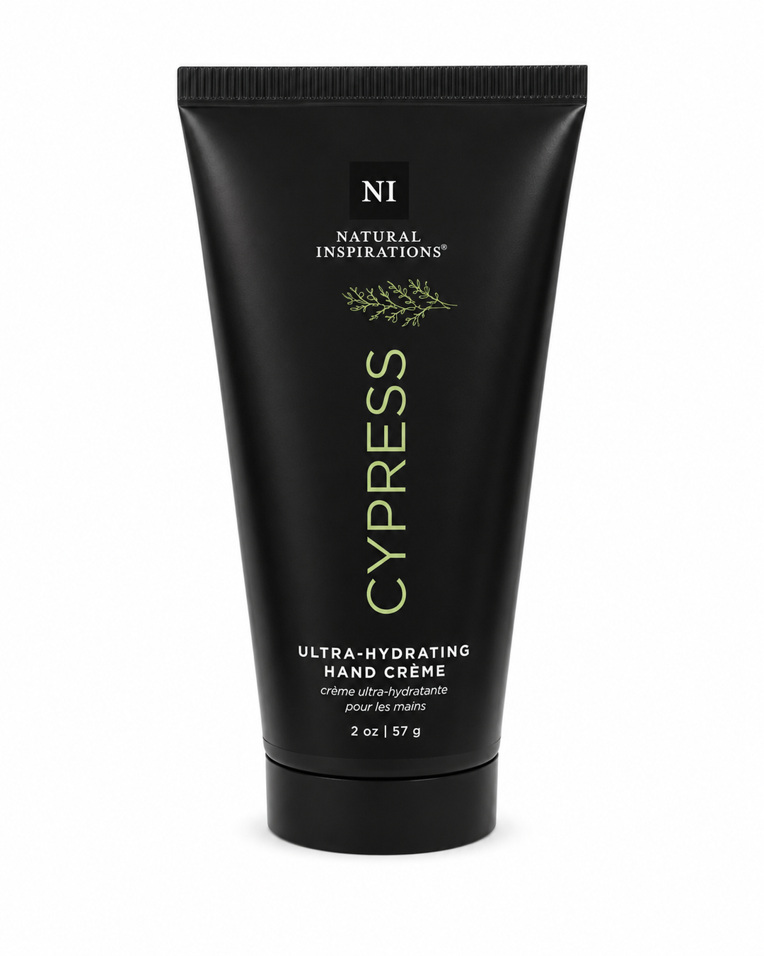 Natural Inspirations Cypress Ultra-Hydrating Hand Crème (2 oz / 57 g) in a matte black squeeze tube with sage green lettering and botanical details, featuring a black flip-top cap on a clean white studio background.