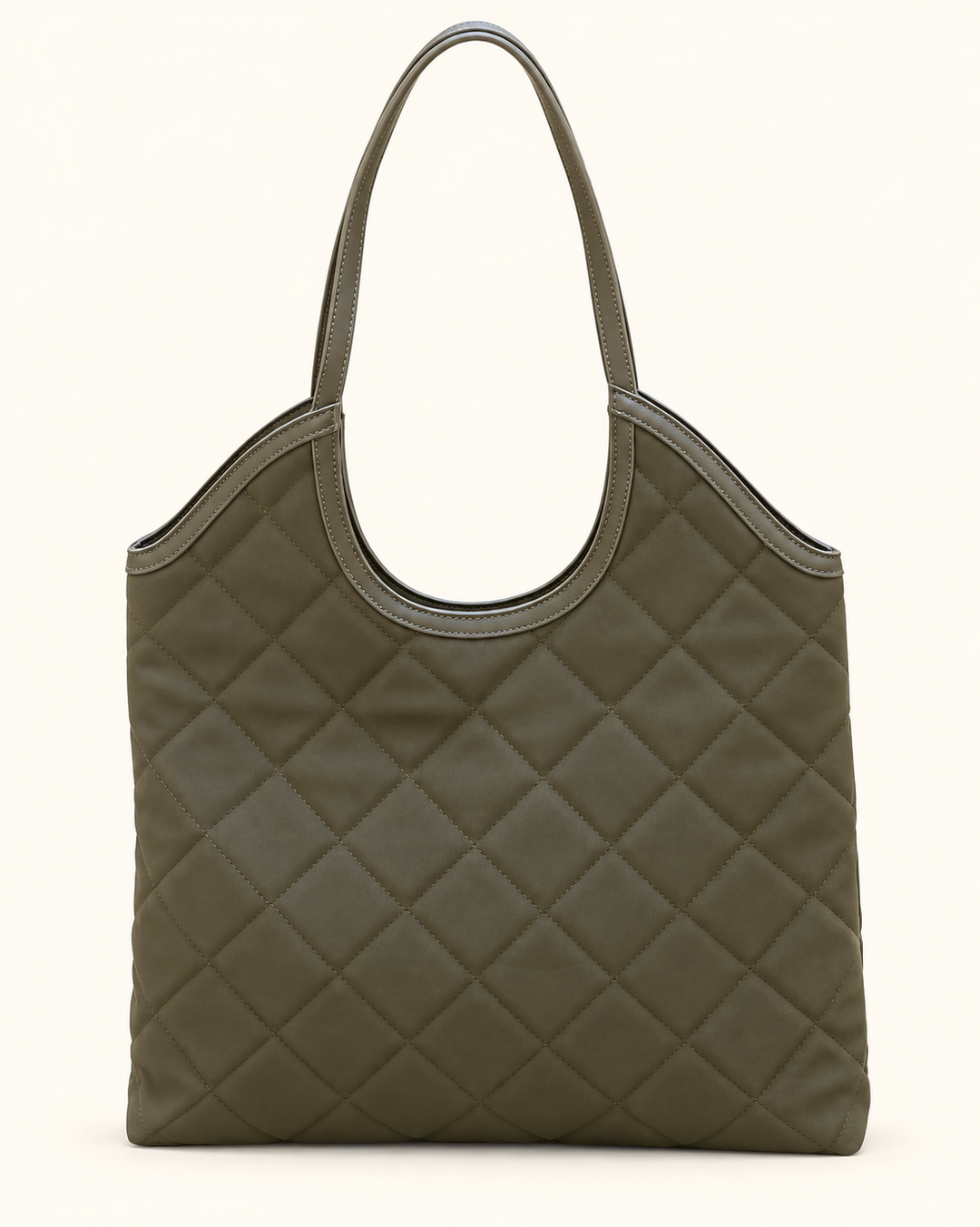 Back view of the olive Greyson Tote by Caroline Hill featuring diamond quilting, a relaxed hobo silhouette, and dual shoulder straps on a cream background.