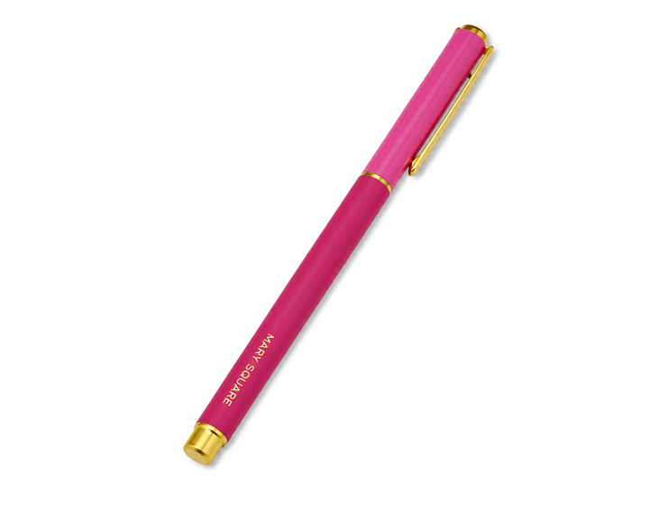 Raspberry Snap Cap Colorblock Pen by Mary Square with gold accents on a white studio background.