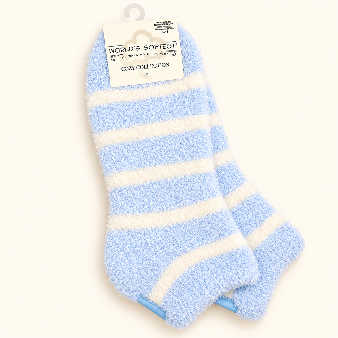 World's Softest Cozy Low Socks in Oxford Blue Stripe featuring light powder blue and ivory stripes, ultra-soft fuzzy knit texture, and a comfortable low-cut design.