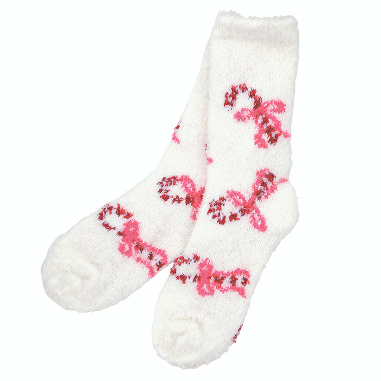 White socks with pink floral patterns on a white background