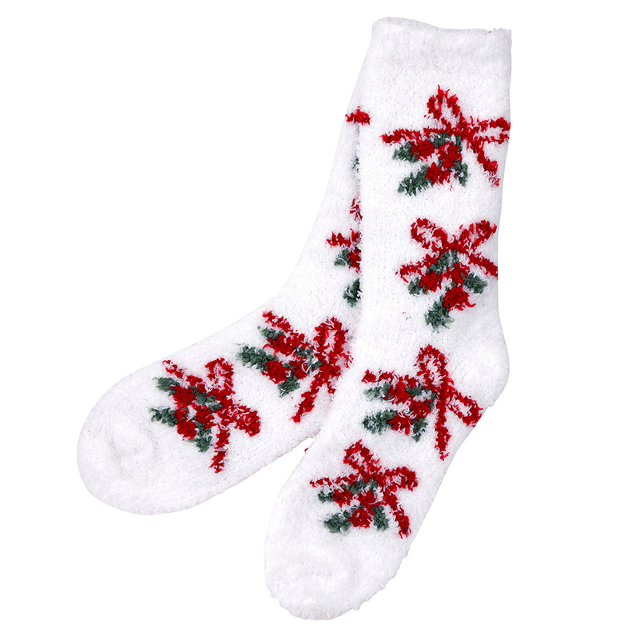 White socks with red and green floral patterns on a white background