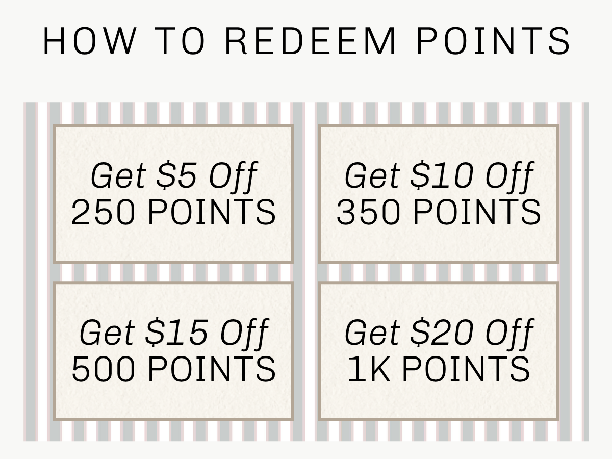 Points redemption chart with various point thresholds and corresponding discounts on a striped background | Square 1 Boutique | Brent, AL