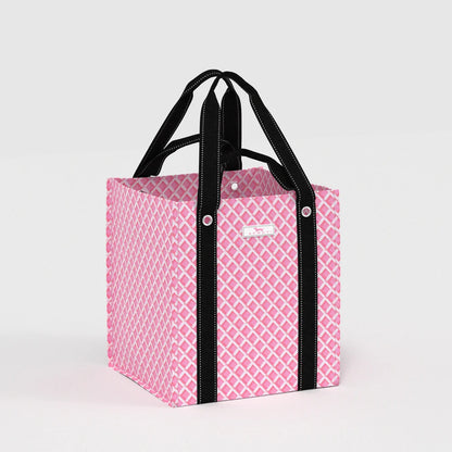 Bagette Market Tote Bag in Garden Gate pink and white lattice print, structured reusable tote with black shoulder straps.