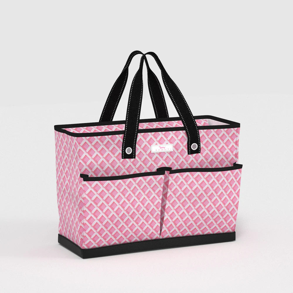 Angled view of Ben Pocket Tote Bag in Garden Gate pink lattice pattern, roomy everyday tote with exterior storage pockets and reinforced base.
