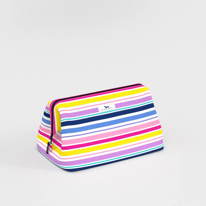 Angled side view of Big Mouth Makeup Bag in Stripe a Pose multicolor stripe print, structured cosmetic pouch with wide opening.