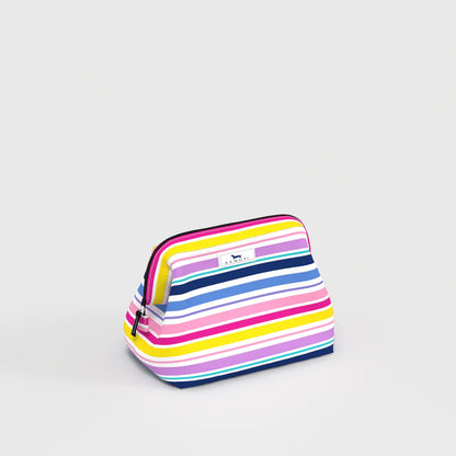 Side view of Little Mouth Makeup Bag in Stripe a Pose multicolor stripe print, small structured makeup pouch with zip-top closure.