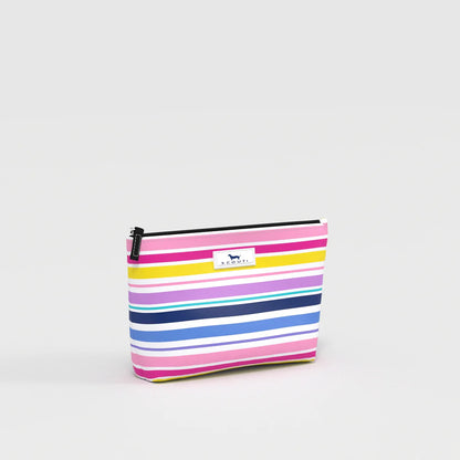 Angled view of Twiggy Pouch in Stripe a Pose multicolor stripe print, lightweight zip-top pouch for everyday organization.