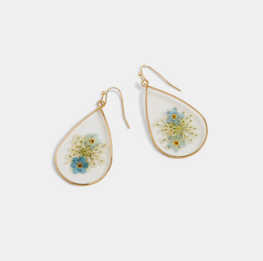Blue Teardrop Pressed Flower Earrings