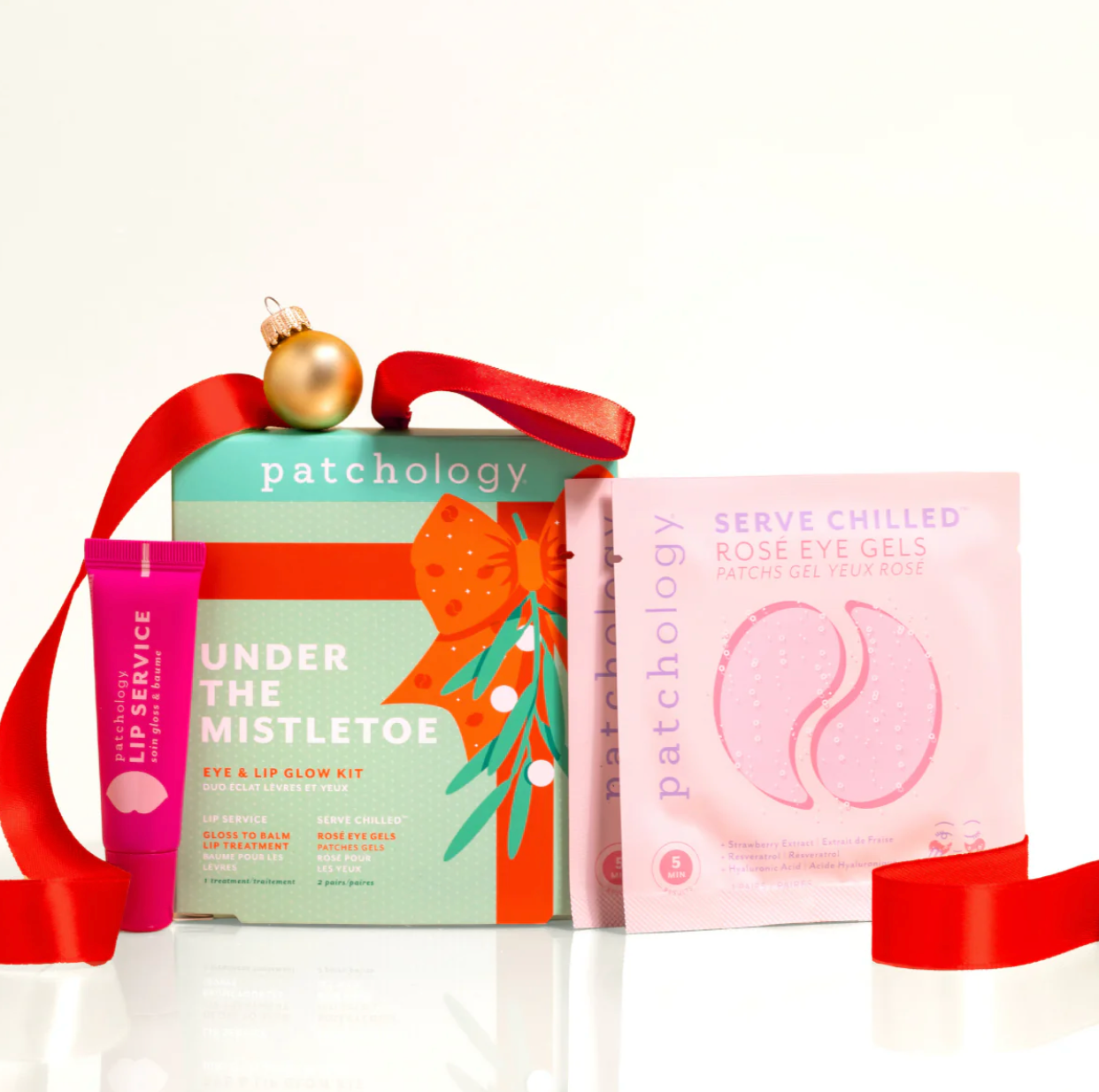Patchology skincare products with festive packaging on a white background