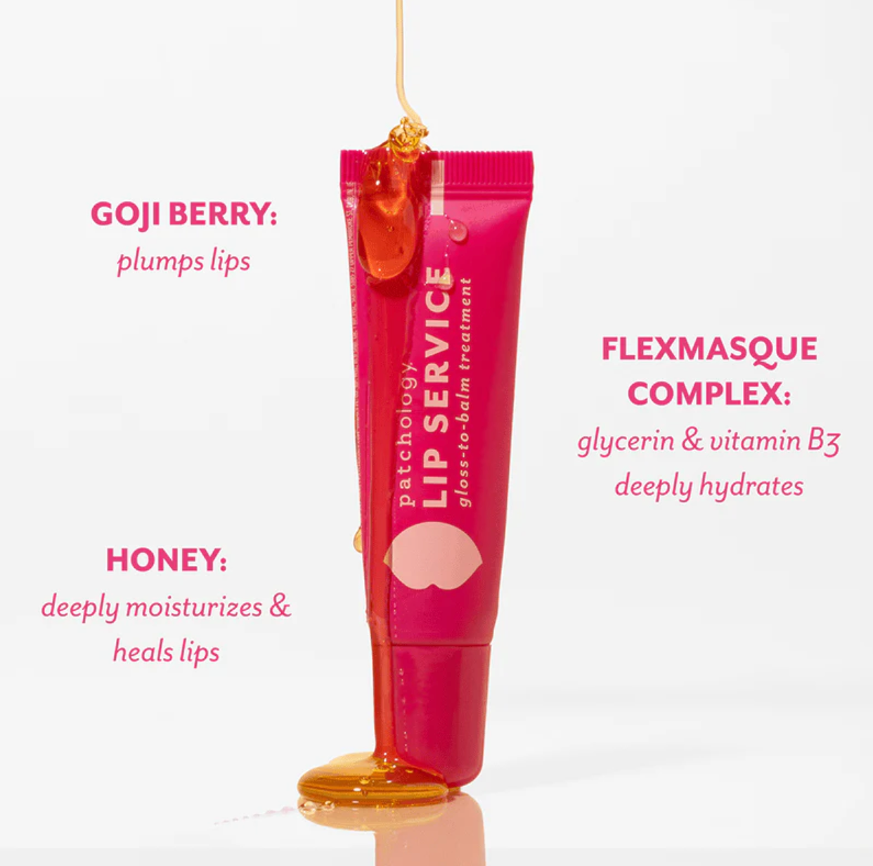 Pink lip balm tube with ingredients listed on a white background