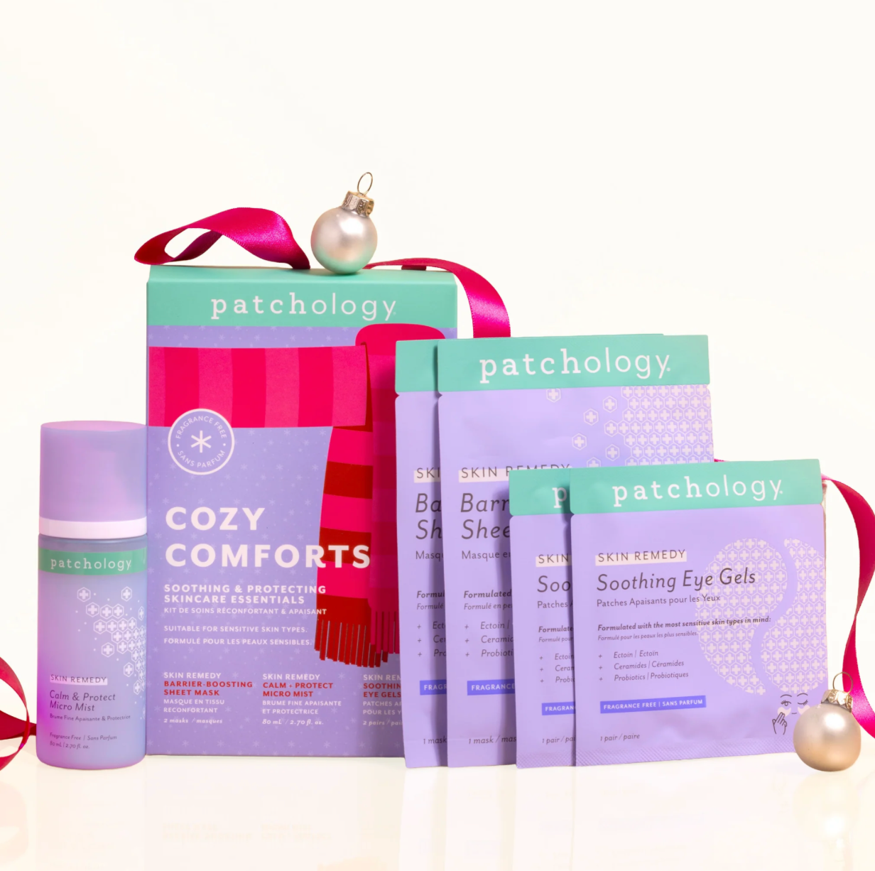 Patchology product set with 'Cozy Comforts' packaging and various skincare items on a white background.